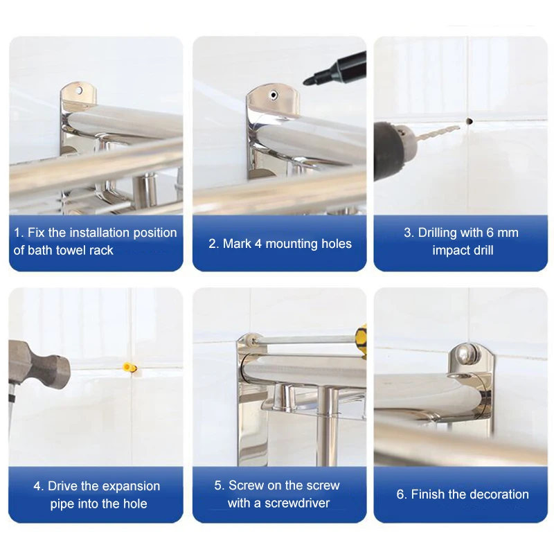 

Punch-free Stainless Steel Bathroom Towel Rack Multifunctional Cloth Holder with Hooks Hanging Gadget for Home PI669
