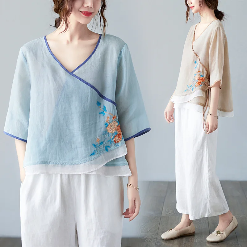 

Chinese Style T-shirt 2021 Summer New Artistic Retro Cotton and Linen Buckle V-neck Embroidery Loose Top