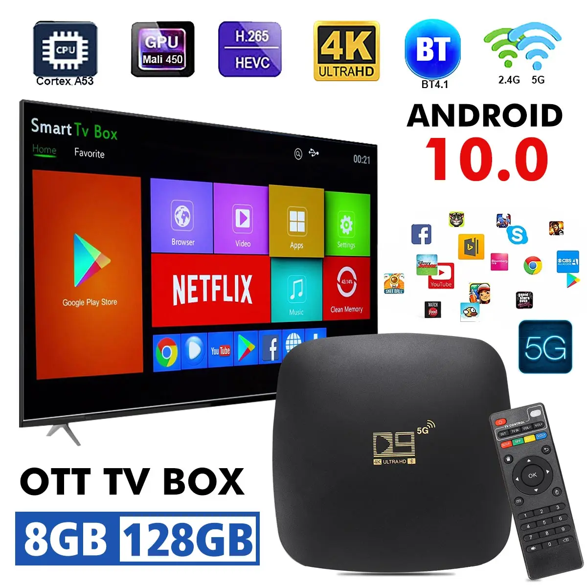 ТВ-приставка Android 256 16 ГБ 128 8G 2 4G D9 905G 5GWIFI 1280 ядер 4K 4D bluetooth | Электроника