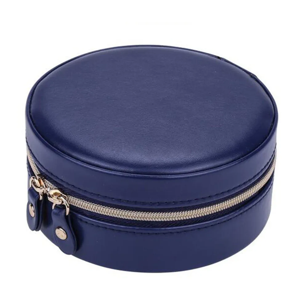 Круглая коробка для ювелирных изделий темно синий чехол из искусственной кожи с