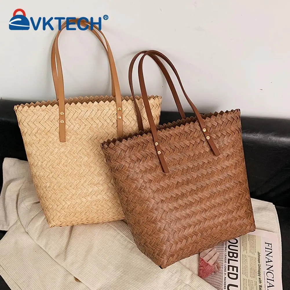 

Fashion Women Summer Beach Vacation Woven Shoulder Shopping Bag Casual Ladies Solid Color Large Capacity Tote Handbags