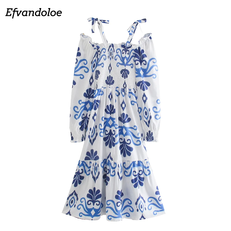 

Women Strappy Camisole Midi Dress 2021 Spring Autumn Blue Print Elastic Bust A-line Dresses robe femme