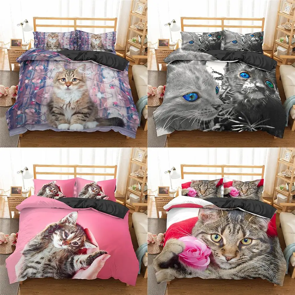 

Комплект постельного белья с мультяшным 3d-рисунком, пододеяльник с рисунком кота, цветов, наволочка, 2/3 шт., для двуспальной кровати, большог...