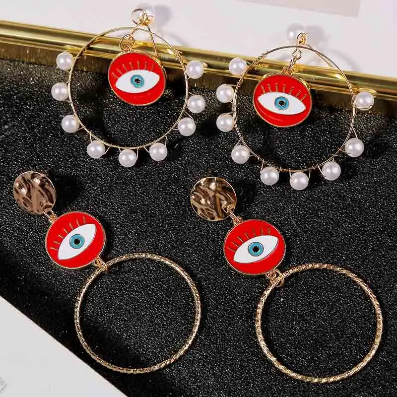 Statement Red Enamel Evil Eye Earrings For Women 2020 Fashion Gold Round Circle Handmade Pearl Drop Earring Party Jewelry | Украшения и