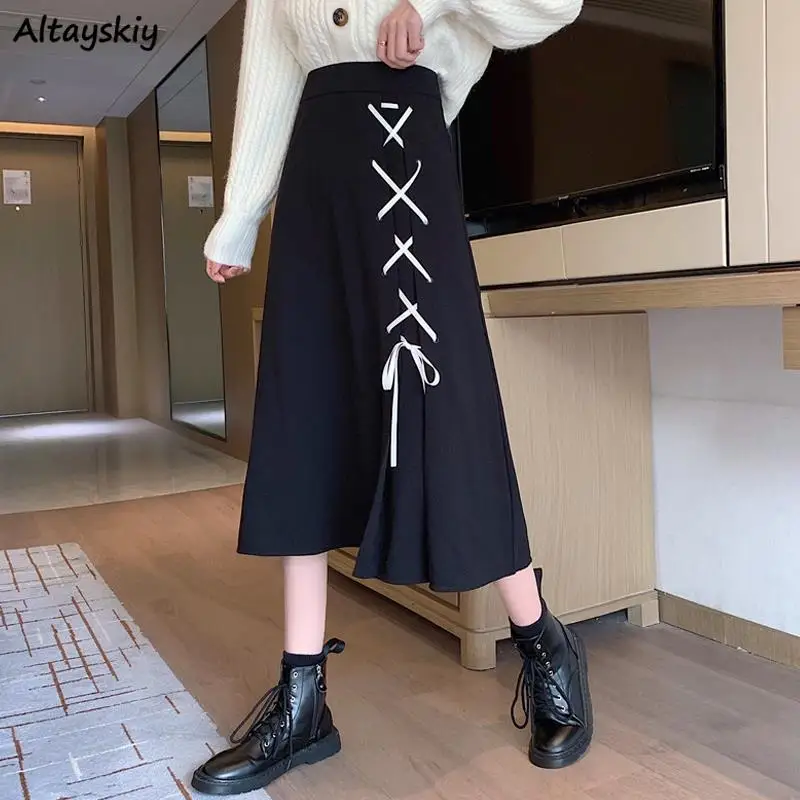 

Skirts Women Retro Elastic High Waist Black A-line Simple Lace-up Elegant Ladies Fashion Chic Ulzzang Fit All-match Leisure Ins