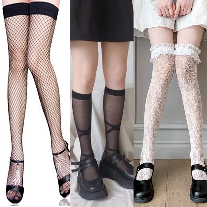 

Lolita Lace Stockings Cute Long Socks Women Fashion Sexy Over The Knee Thigh High Socks Black White Solid Color Nylon Calf Meias
