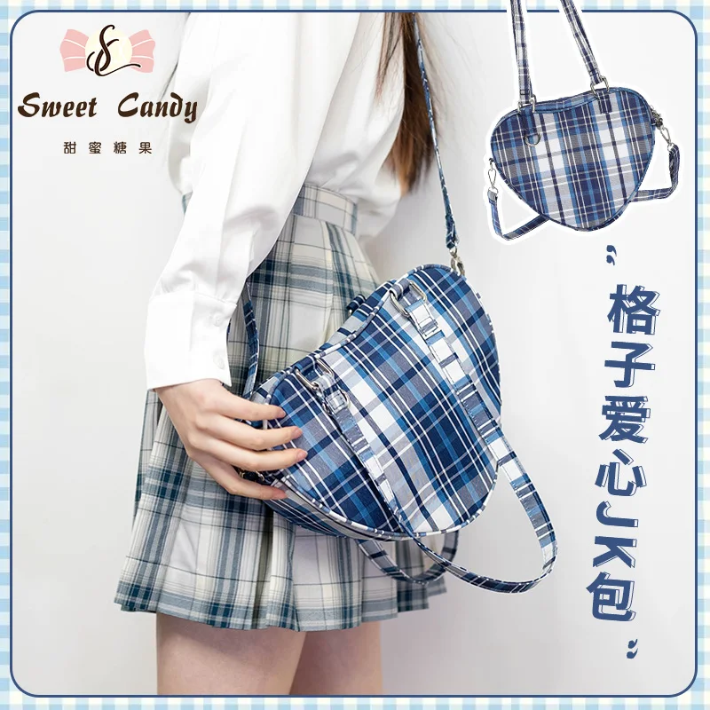 

Japanese Loving Heart Handbag Maiden Plaid JK Uniform Bag Sweet Lolita Girl Messenger Bag Soft Sister Girl Single-shoulder Bag