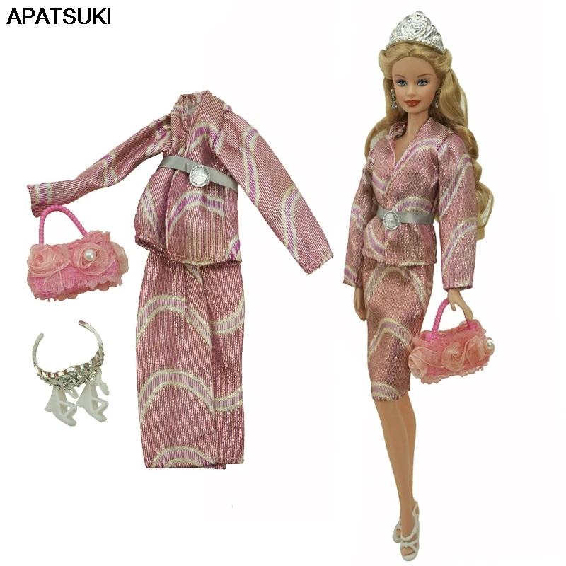 

Pink Fashion Doll Clothes Set for Barbie Doll Outfits Coat Jacket Skirt Handbag Belt Crown Shoes 1/6 Dolls Accessories Kid Toys