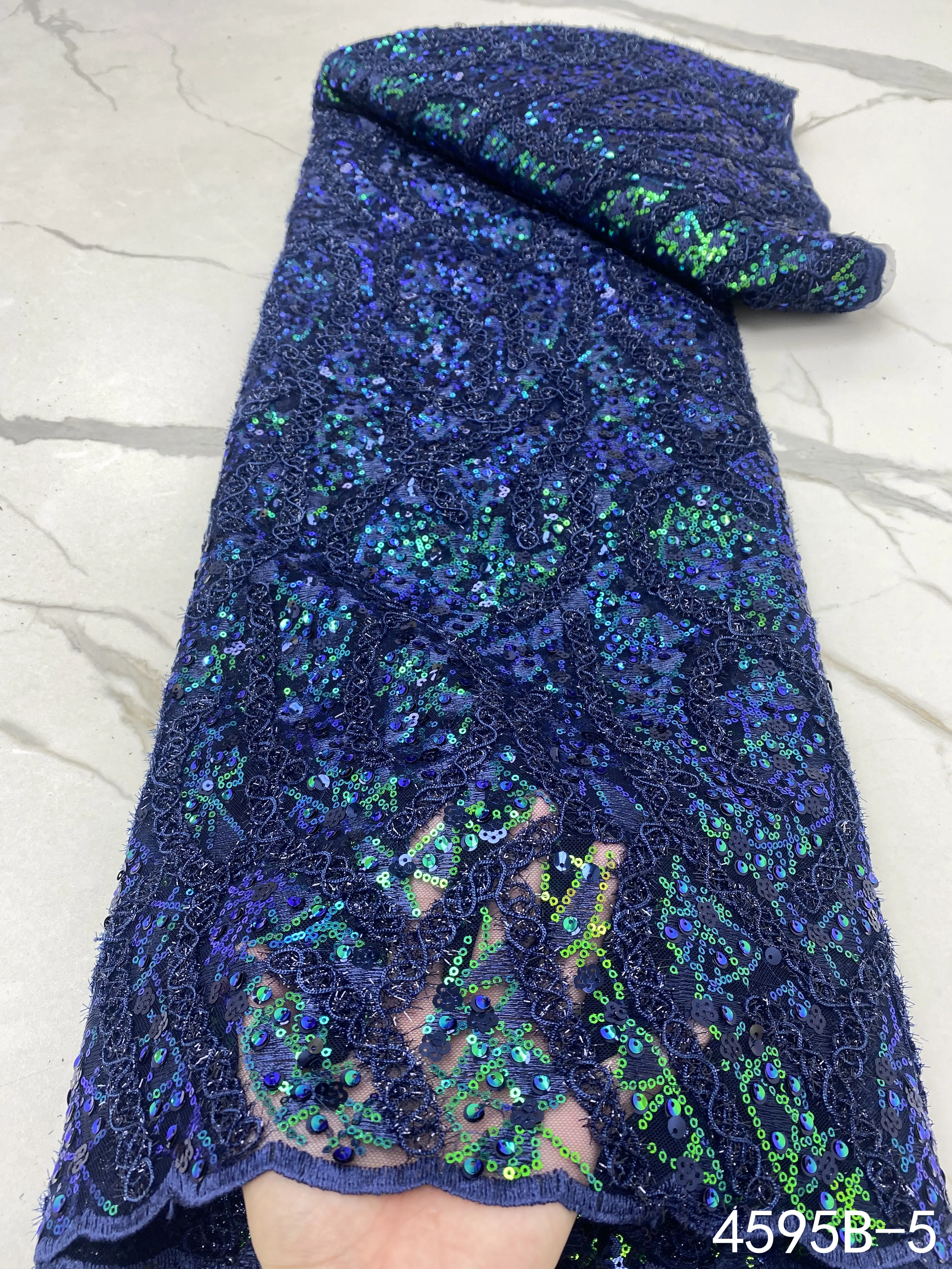 

New Arrival African Lace Fabric Dark Blue 2021 5 Yards Mesh Lace Fabric with Bead & Sequins for Wedding Dress Party 4595B