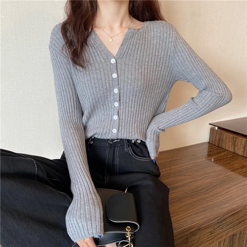

Casual Simple V Neck White Cardigan Sweater Women Spring Autumn Chic Striped Single Breasted Thin Knitwear Female Outwear Tops