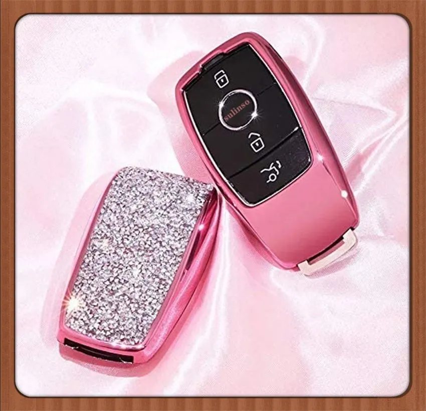 

Buttons 3D keyless Entry Remote Key Fob case Cover fit for Mercedes-Benz E-Class S-Class W213 2016 - 2019 Keychain (Pink)
