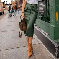 women 2022 elegant bodycon skirt celmia fashion pu leather high waist midi skirts casual buttons flap office street jupes