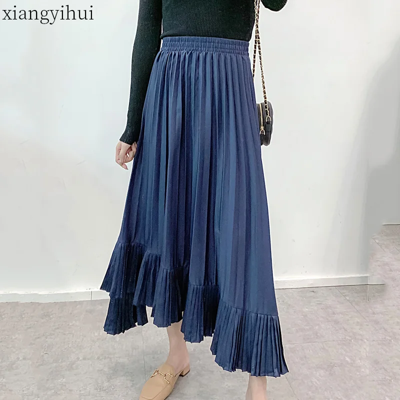 Vintage Irregular Long Skirt Fashion Women's Elastic Waist Autumn Skirts Ruffle Design Party Bottoms Women's Clothes New