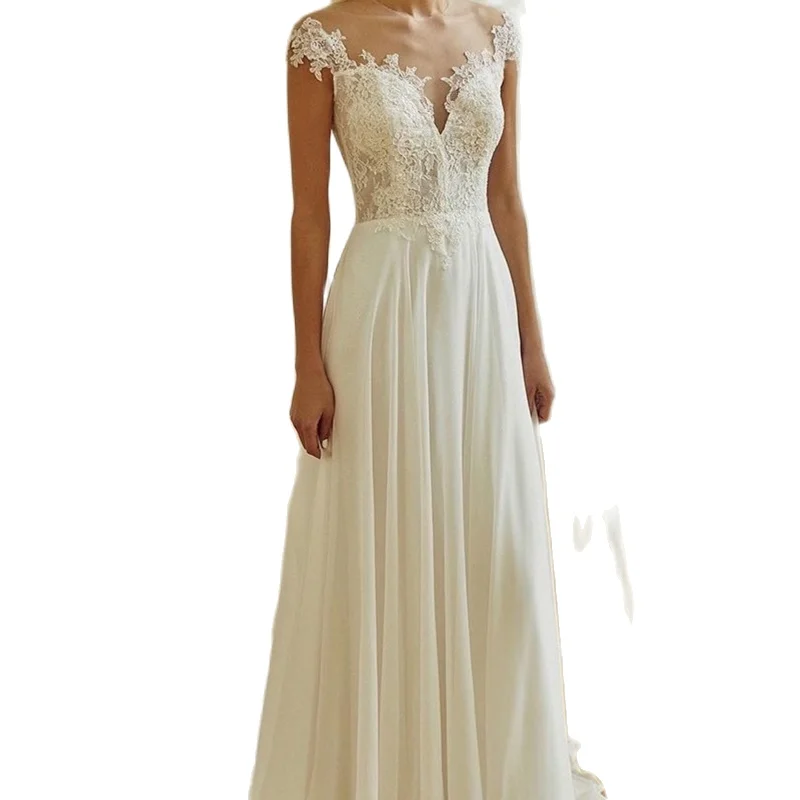 

Boho Wedding Dress Chiffon Simple Sleeveless Floor Length Lace Appliques Pleat Women Bridal Gowns Robe De Mariee Sweetheart