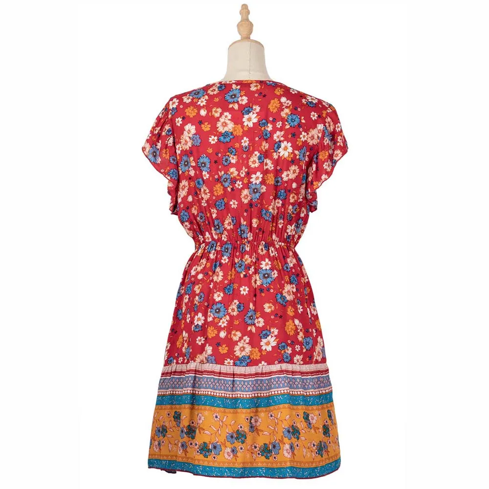 

Women Summer Floral Print Mini Dresses V-neck Bohemian Ruffles Short Sleeve Dress Ladies Bandage Bow Button Dresses Vestidos Hot