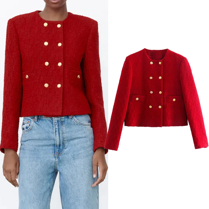 

Za 2021 Red Jacket Women Vintage Tweed Cropped Jacket Woman Autumn Fashion Double Breasted Long Sleeve Elegant Coat