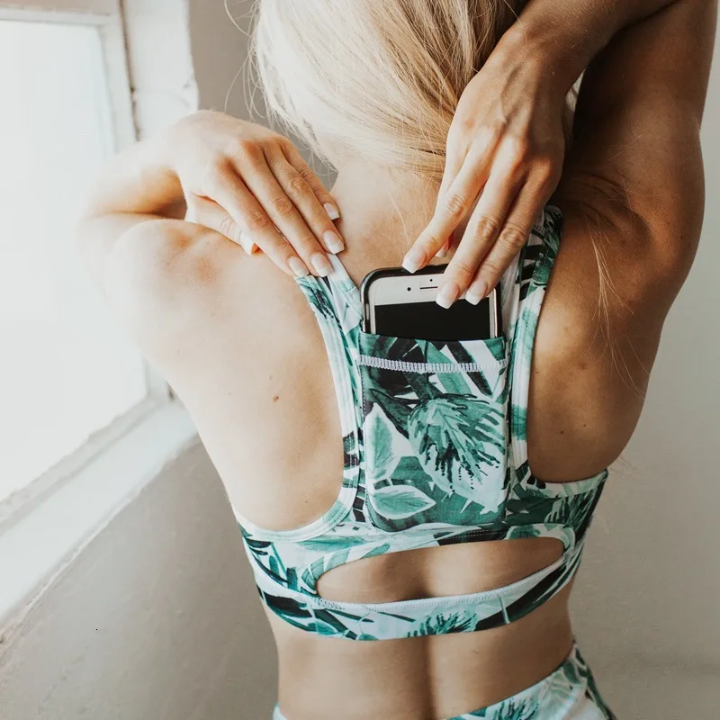 Топ женский спортивный с карманом для телефона бюстгальтер йоги принтом