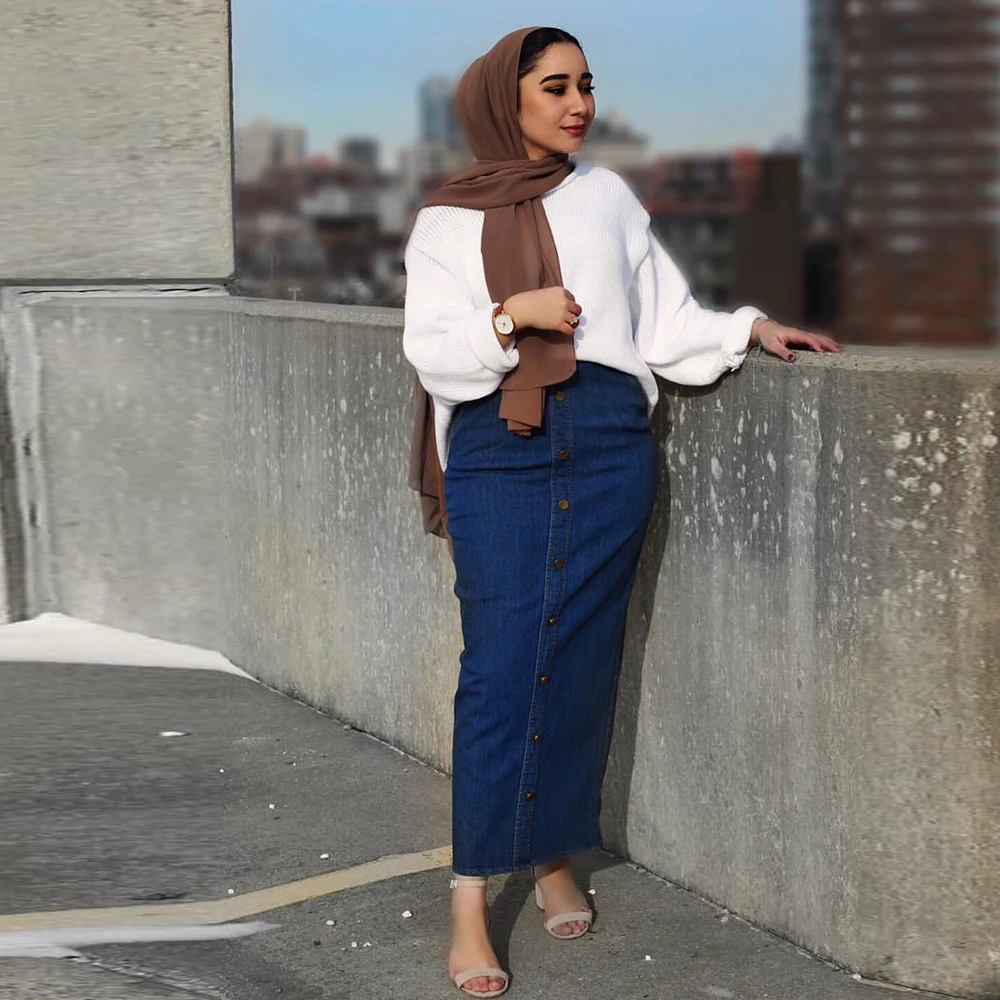 Мусульманская джинсовая юбка с высокой талией и пуговицами Длинные исламские