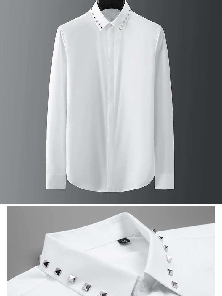 

Spring classic new big-name collar metal diamond handmade rivets men's long-sleeved white shirt japanese fashion 2021