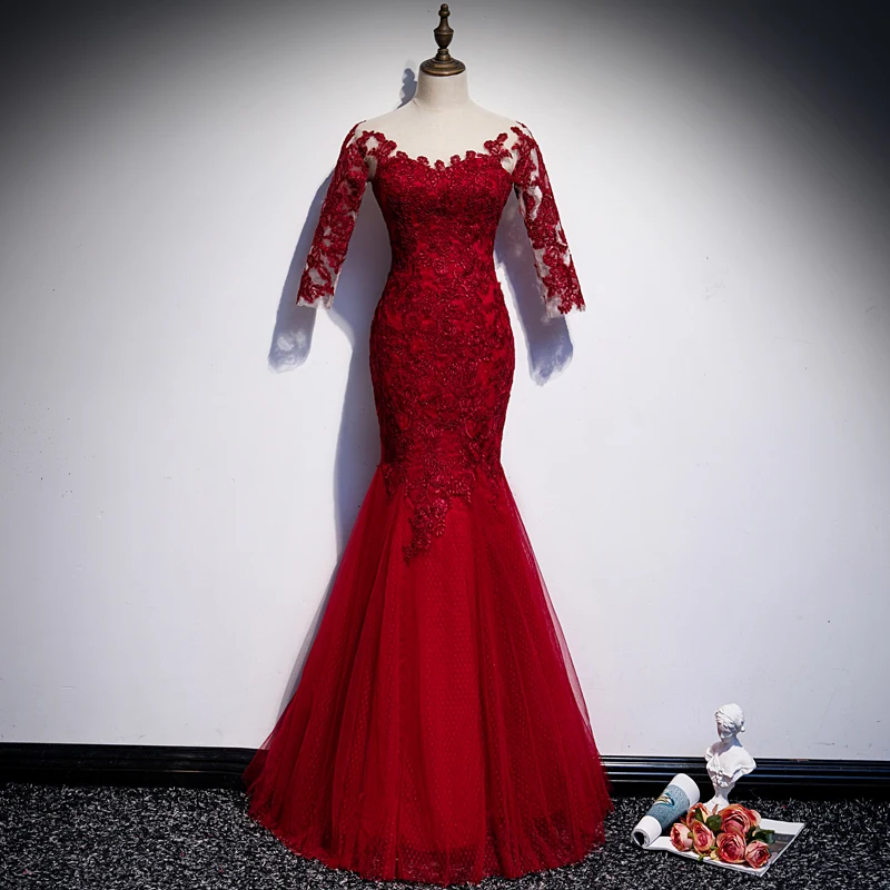 

Burgundy Lace O-Neck Evening Dress Embroidery Half Sleeves Mermaid Elegant Floor-Length Zipper Back Party Formal Gown Woman B417