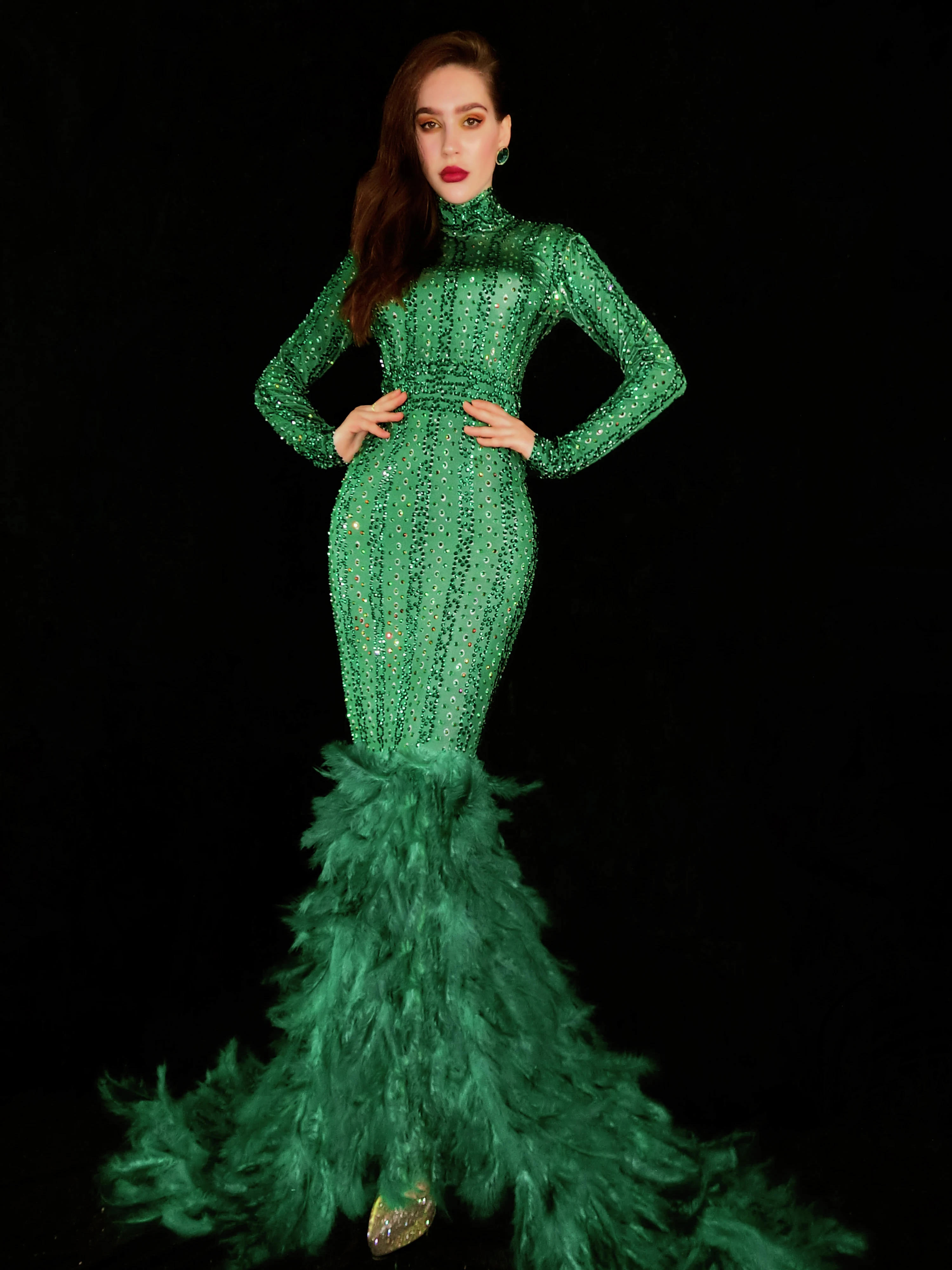 

Green Rhinestones Feather Dress Women's Birthday Celebrate Long Dress Evening Party Women Bar Singer Sexy Dress
