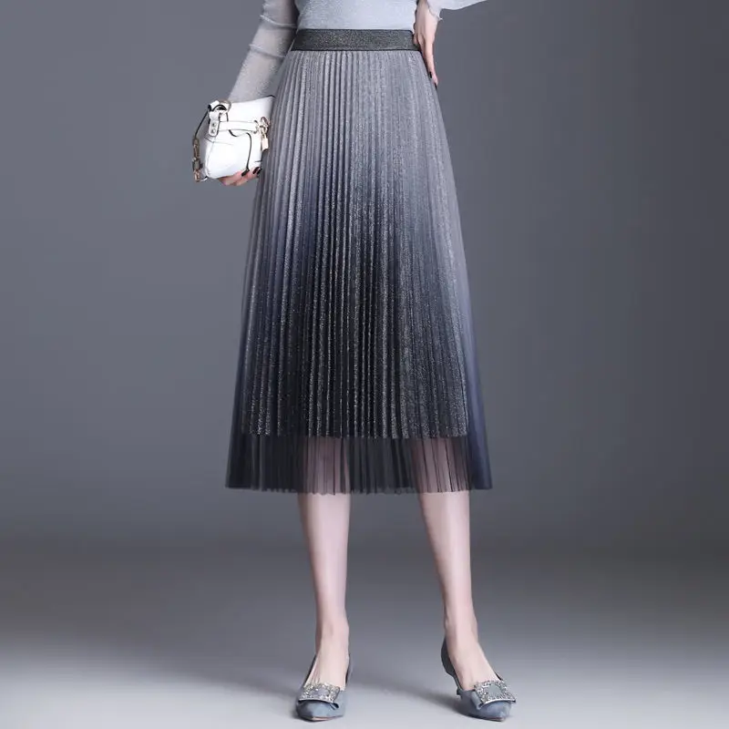 

2021 New Summer Fashion Women Elastic High Waist Tulle A-line Skirts Vintage Large Hem Gradient Pleated Mesh Skirts Chic Z296