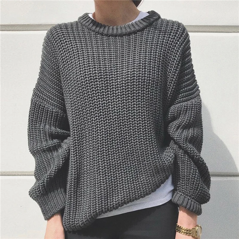 

Pure Color O Neck Women Sweater 2021 New Casual Knitted Loose Long Sweater Warm Women Pullover Fashion Top