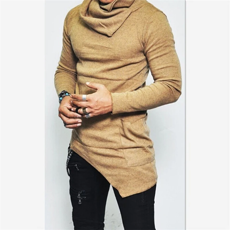 

Autumn Turtleneck Sweatshirt Men's Hoodies Irregular Hem Pocket Long Sleeve Sweatshirt Mens Clothing Tops New