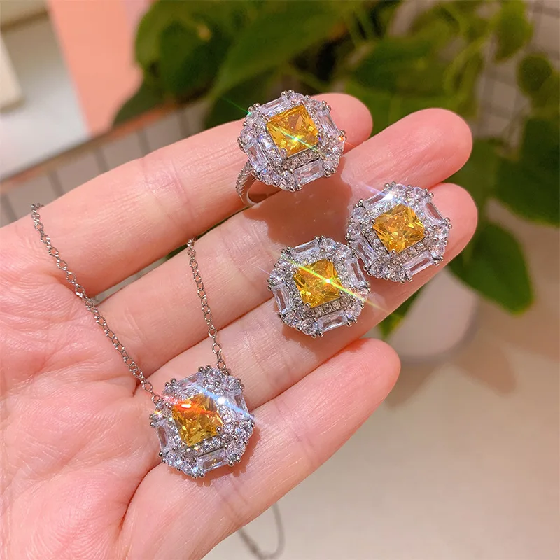 

Funmode Shiny Yellow Cubic Zircon Necklace Ring Earring For Women Party Jewelry Sets Accessories Wholesale FS271
