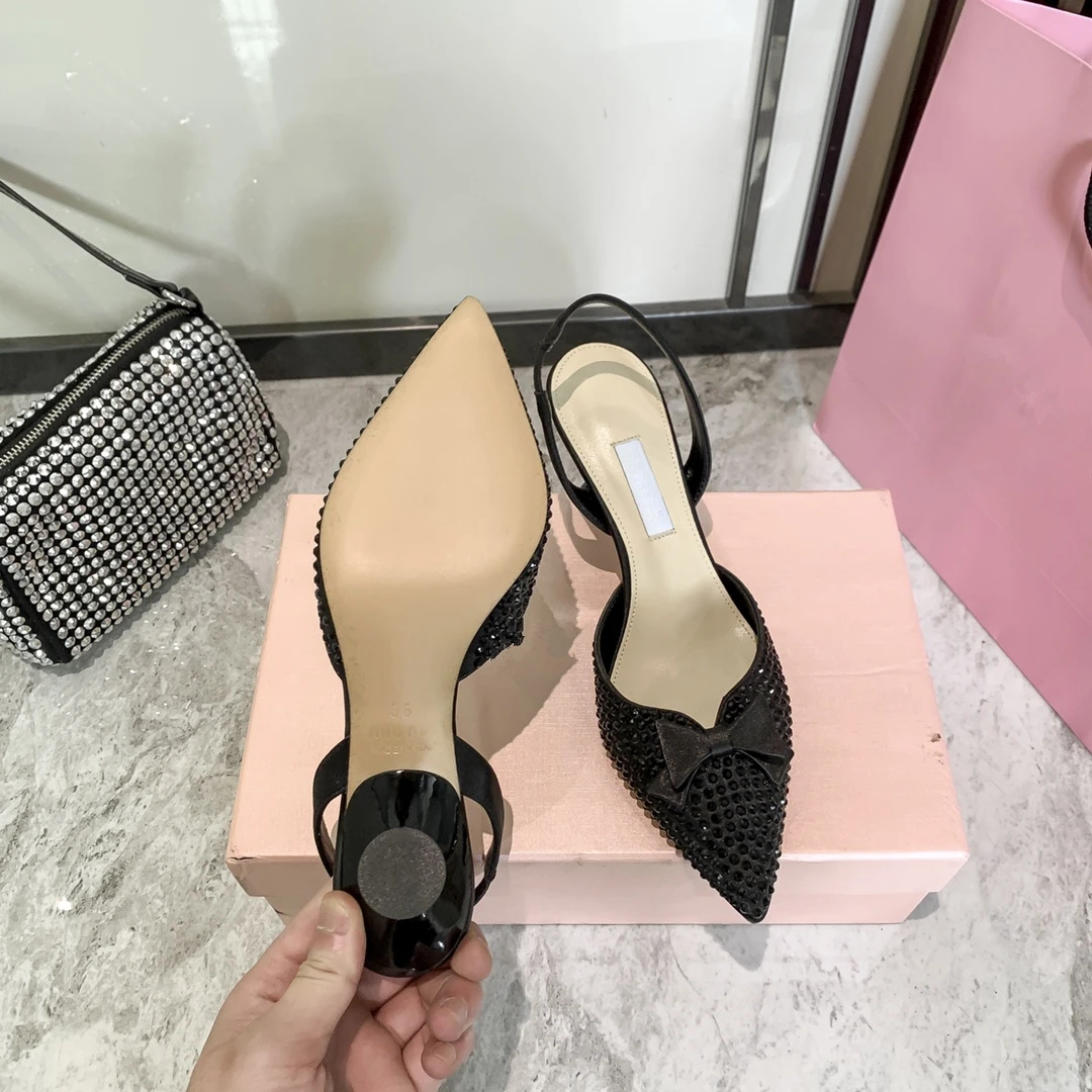 

Luxury Brand Summer Silk bowknot Shiny Rhinestone Sandals Women 2021 Designer Sexy Black Studded High Heels Mules Pump