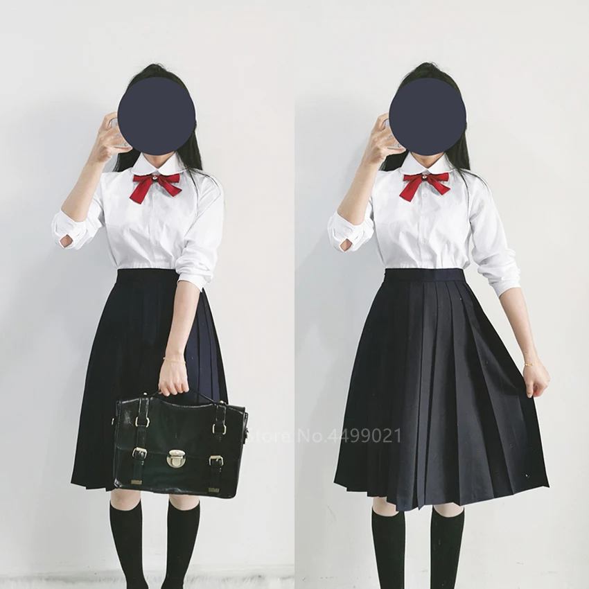 

Japanese School Uniforms Girls Solid Color High Waist Pleated Skirt Long JK Suit Black Grey High School Student Women Clothes