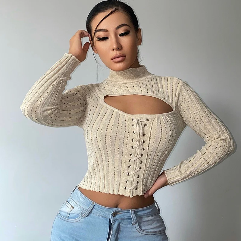 

UVRCOS Knit Top Turtle Neck Women Sweater Long Sleeve 2021 New Arrival Fall Clothes For Women Chest Cut Out Bandage Solid Thread