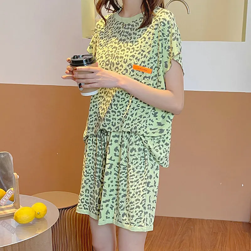 

Summer Women Leopard Print Cozy Pajama Sets Gray White Green Short Sleeve Top And Short Twinset Sleeping Home Clothes Sleepwears