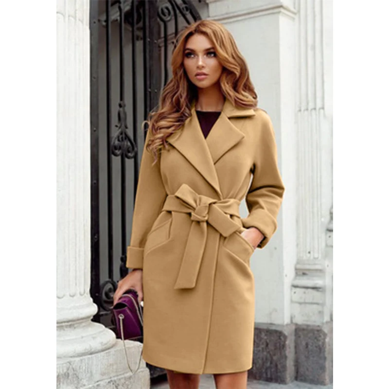 

Winter Women Jacket Elegant Turn-Down Collar Woolen Belt Long Coat Classic Loose Solid Warm Outwear Slim Casual Lady Overcoat