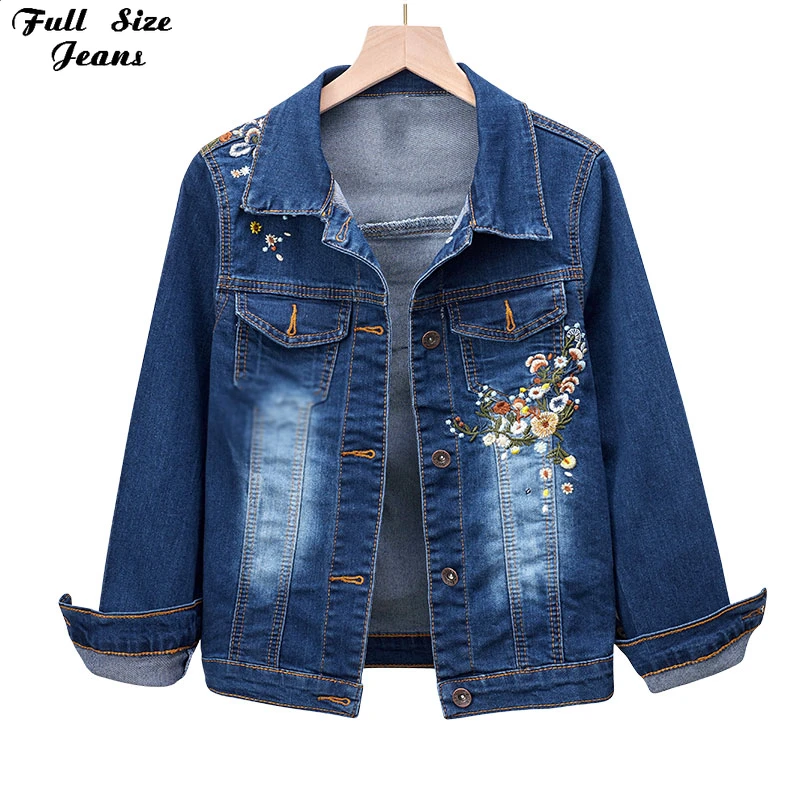 

Plus Size Women's Jeans Jackets Embroidery Flower Short Denim Jacket 4Xl 5Xl Dark Blue Bomber Jeans Jackets Jaqueta Casual Coat