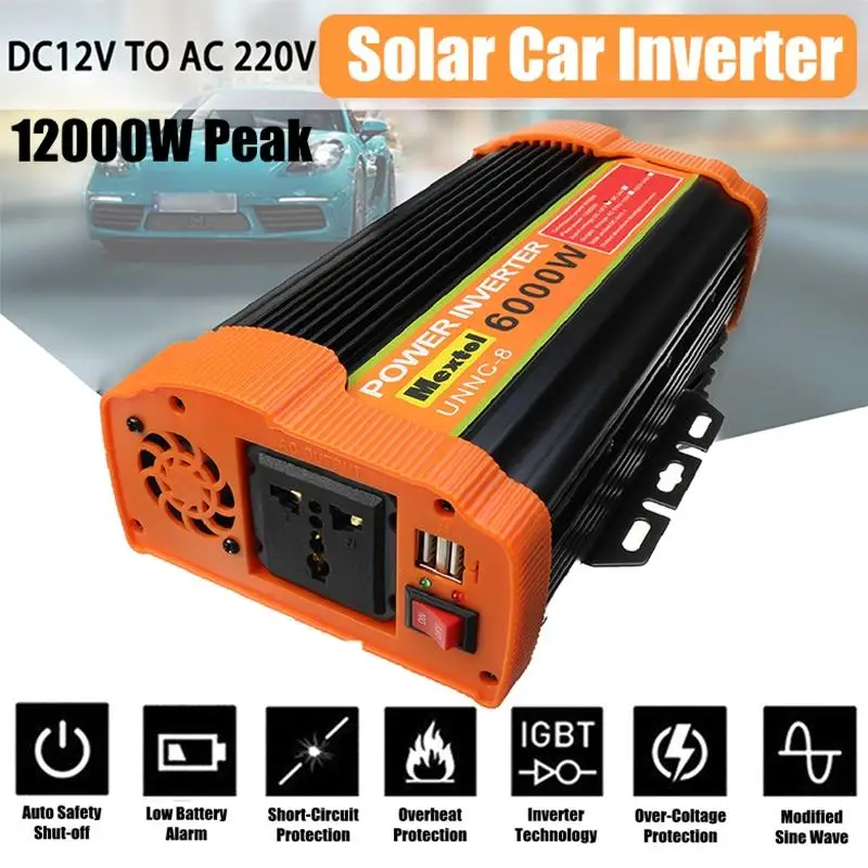 

12000W Peak Solar Power Inverter 12V DC To 220V AC 6000W Car Modified Sine Wave Converter Voltage Transformer Adapter