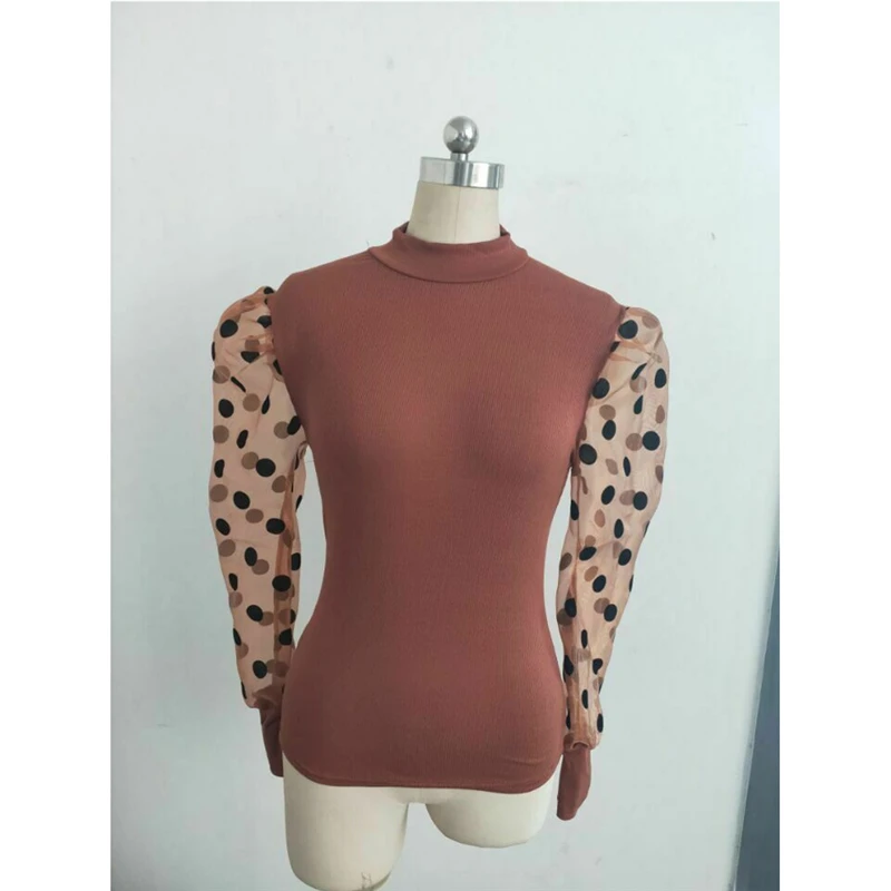 2019 New Fashion Elegant Slim Polka Dot Puff Long Sleeve Tops Shirt Turtleneck Fall Blouse Women's Sheer Mesh See-through | Женская