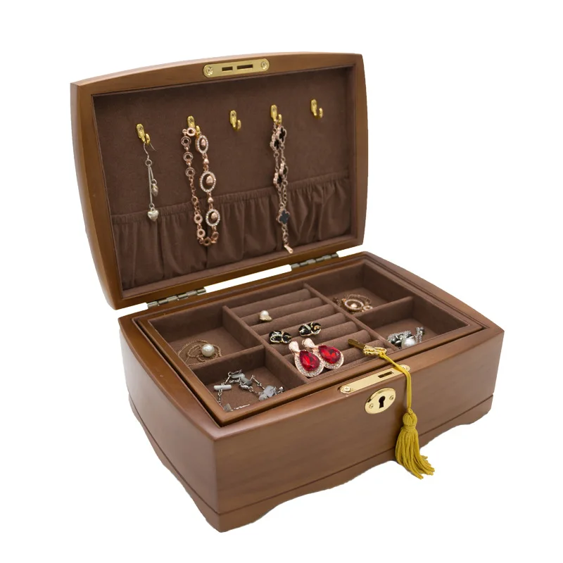

Double layer luxury fashion women wooden jewlery box brown color women jewelry Portable Storage Organizer 200807-25