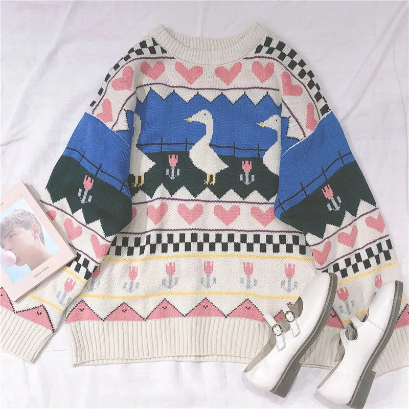 Корейский милый Лолита Белый гусь Ретро узор свитер трикотаж зима свободные Mori