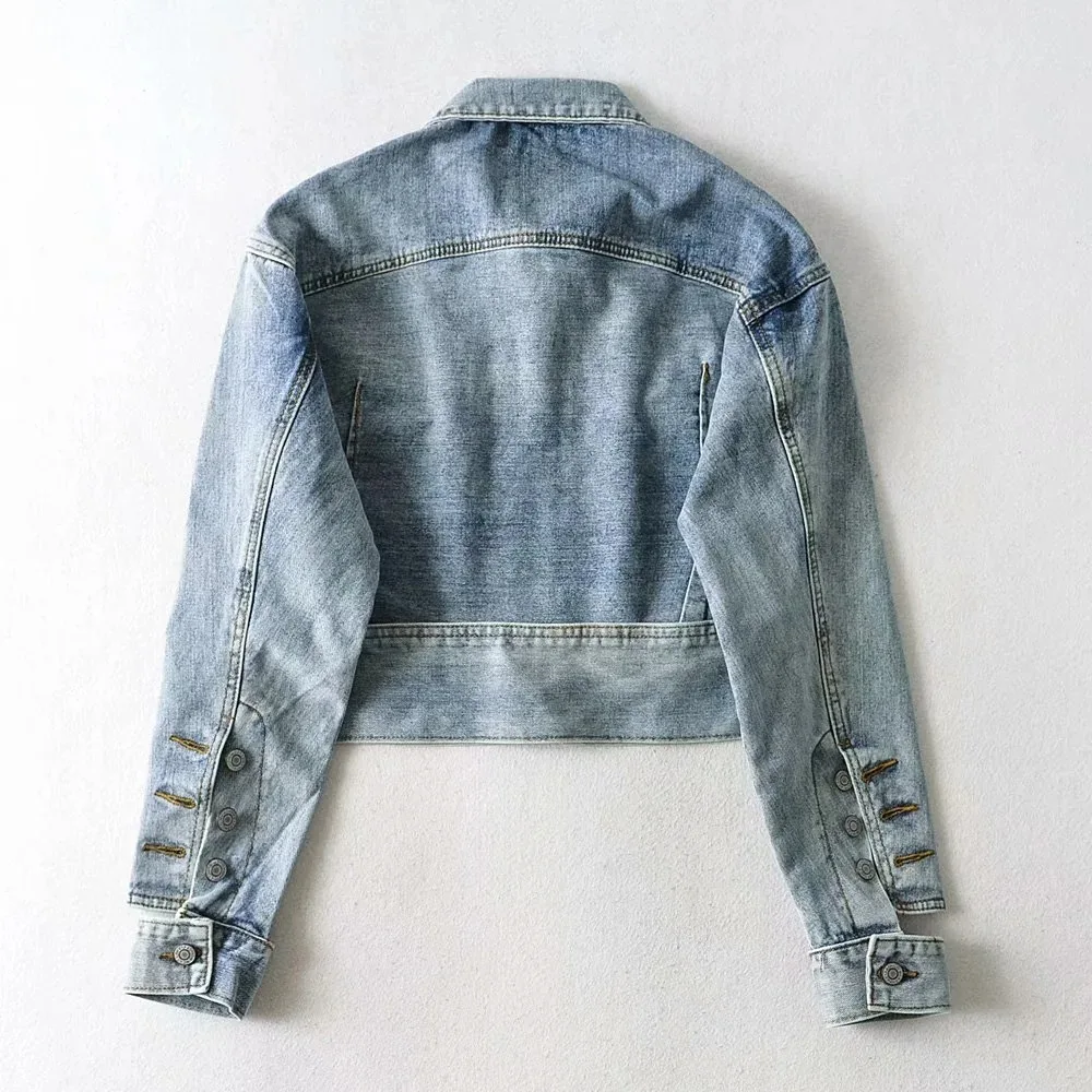 

Fall new style Denim Jacket Women Europe and the United States Fashion Lapel single-row buckle high back exposed waist jacket