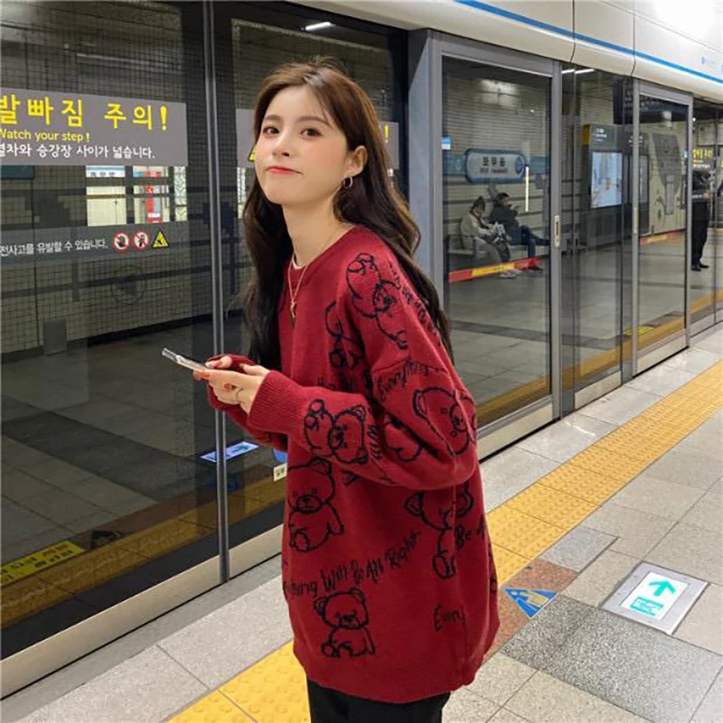 

Loose Cute Basic Bear Print Pullover Sweater Women Harajuku Sweet O-neck Oversize Knitted Sweater Korean Cartoon Kawaii Sweaters