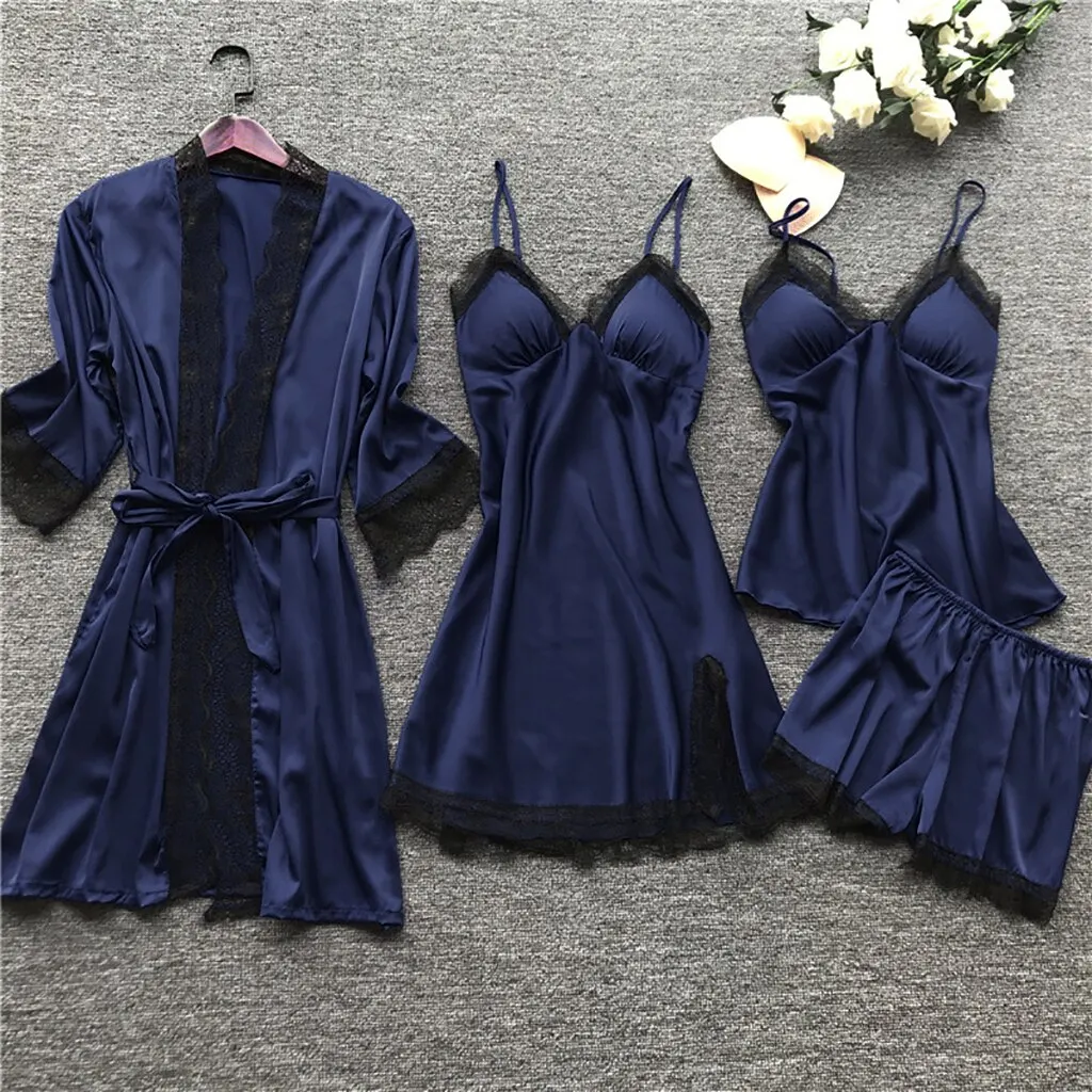 

4 Pieces 2021 Women Pajamas Sets Satin Sleepwear Silk Nightwear Pyjama Soild Strap Lace Sleep Lounge Pijama With Chest Pads