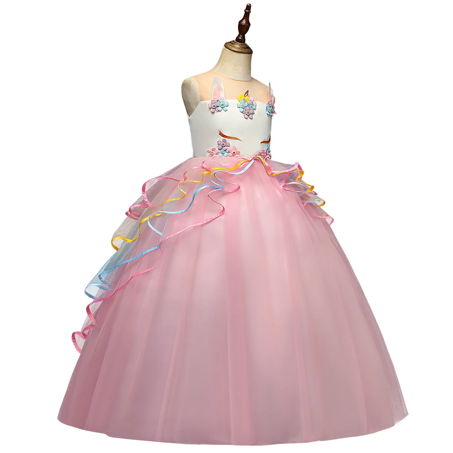 

New Zhongda children Unicorn princess skirt long dress colorful mesh cake pompous dress Festival Dress Girl Clothes