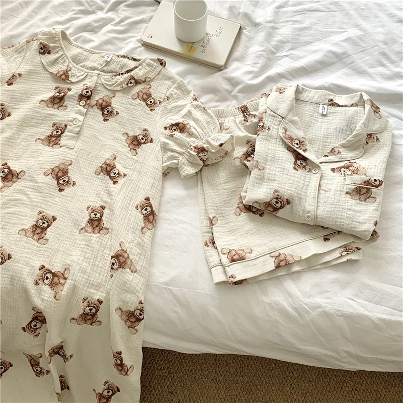 

Marple cartoon print summer pajamas set women kawaii funny bear homewear loose single breasted top+shorts home clothes girls