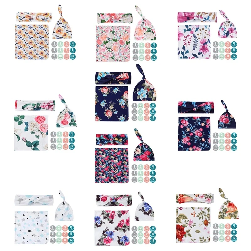 

425F Convenient Newborn Swaddle Blanket w/ Beanie Headband Set Easy to Take Receiving