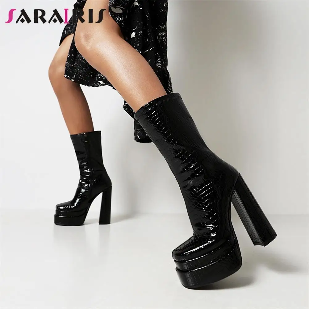 Large Size 34-43 Female Mature Sexy women's Mid Calf Boots Chunky High Heels Ladies Platform Shoes Gothic Punk Fashion Boots