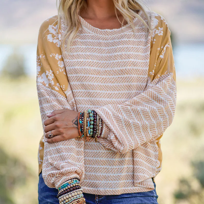 

Striped Shredded Spliced Long-sleeved Fall 2020 Women Sweatshirts Plus Sweater Hoodies