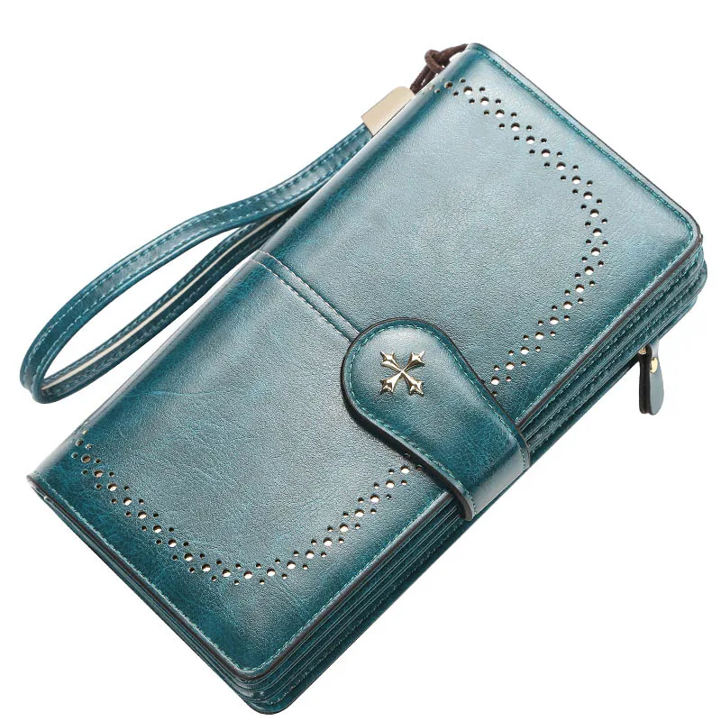 

Trifold Card Holders Clutch Wallet Women PU Leather Wallets Coin Purse Female Long Wallet Blue Hollow Design Phone Bag for Women