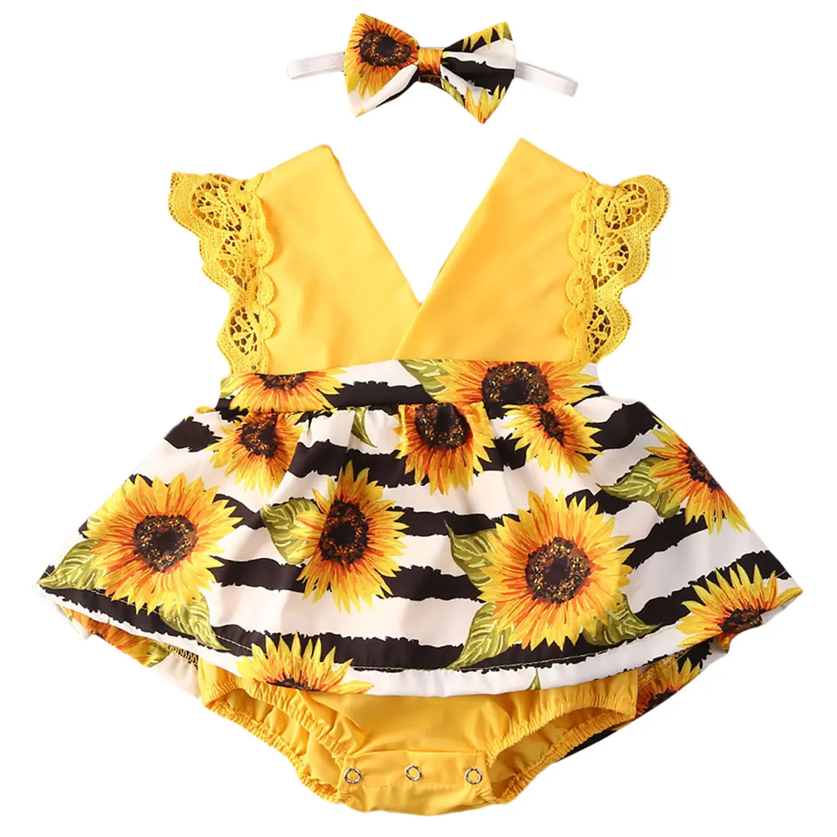 

AA 2Pcs Newborn Baby Girls Bodysuit Sunflower Print Lace Sleeve Sunsuit Cotton V Neck Jumpsuits Headband