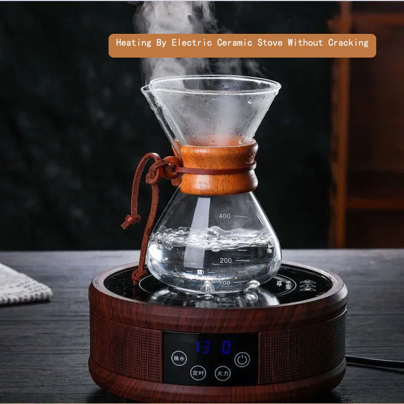 Термостойкий стеклянный кофейник с деревянной ручкой фильтром из нержавеющей